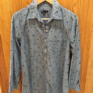 Long, denim button down with polka dot print